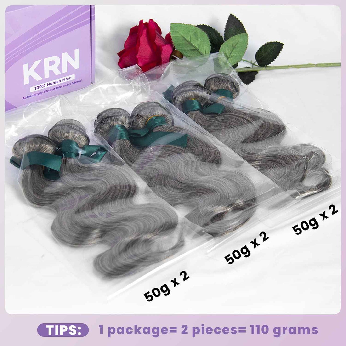 KRN Salt and Pepper Human Hair Bundles 10 12 14 Inch 100% Unprocessed Gray Virgin Human Hair Bundles Body Wave for Black Women Grey Hair Weave Extensions