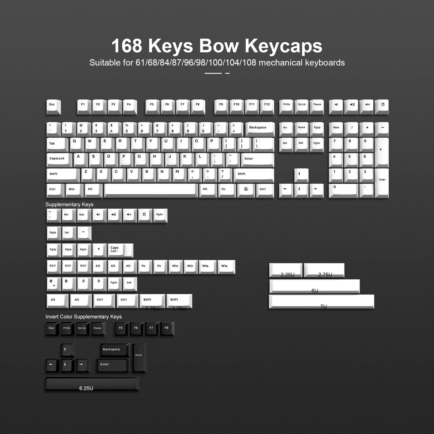XVX Bow Keycaps - 168 Keys, Minimalist Style Black on White, Double Shot PBT Custom Keycaps, Cherry Profile for Cherry Gateron MX Switches