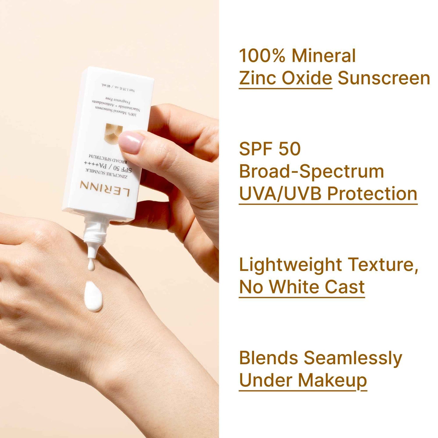 Lerinn ZincPure Sunmilk SPF 50 PA++++, 100% Mineral Zinc Oxide Face Sunscreen, Broad Spectrum UVA/UVB, Lightweight, No White Cast, Fragrance-Free Daily Moisturizer for Sensitive Skin (40 ml)