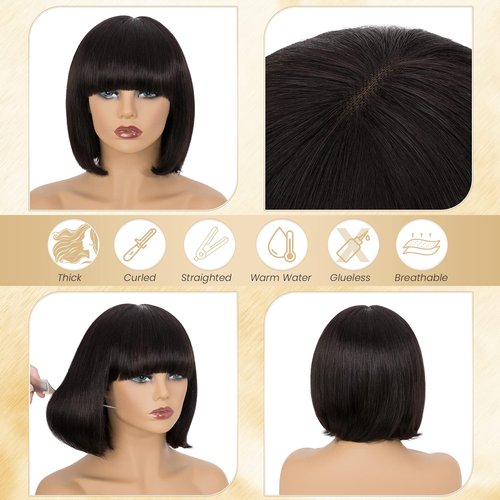 TESSHAIR 10 Inch Light YAKI Short Bob Wig Human Hair with Bangs, Black Blunt Cut Bob Wig Straight Glueless Headband Wigs for Women, Realistic Large Lace Scalp 180% Density 100% Human Hair