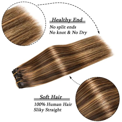 Savasana Clip in Hair Extensions Real Human Hair Straight 7 Pcs Balayage Clip in Hair Extensions Double Weft Thick Chocolate Brown to Caramel Blonde 22 Inch 120g
