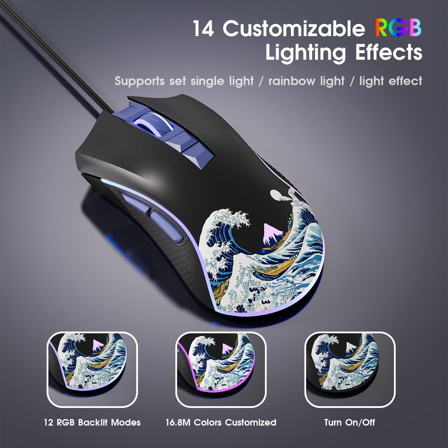 XVX G705 Wired Gaming Mouse, 12000 DPI RGB Gaming Mouse with 12 Backlit Modes & 7 Macro Buttons, PC Gaming Mice Support DIY Keybinding, Mouse Gamer Computer Mouse for Laptop PC Mac Windows,Topographic