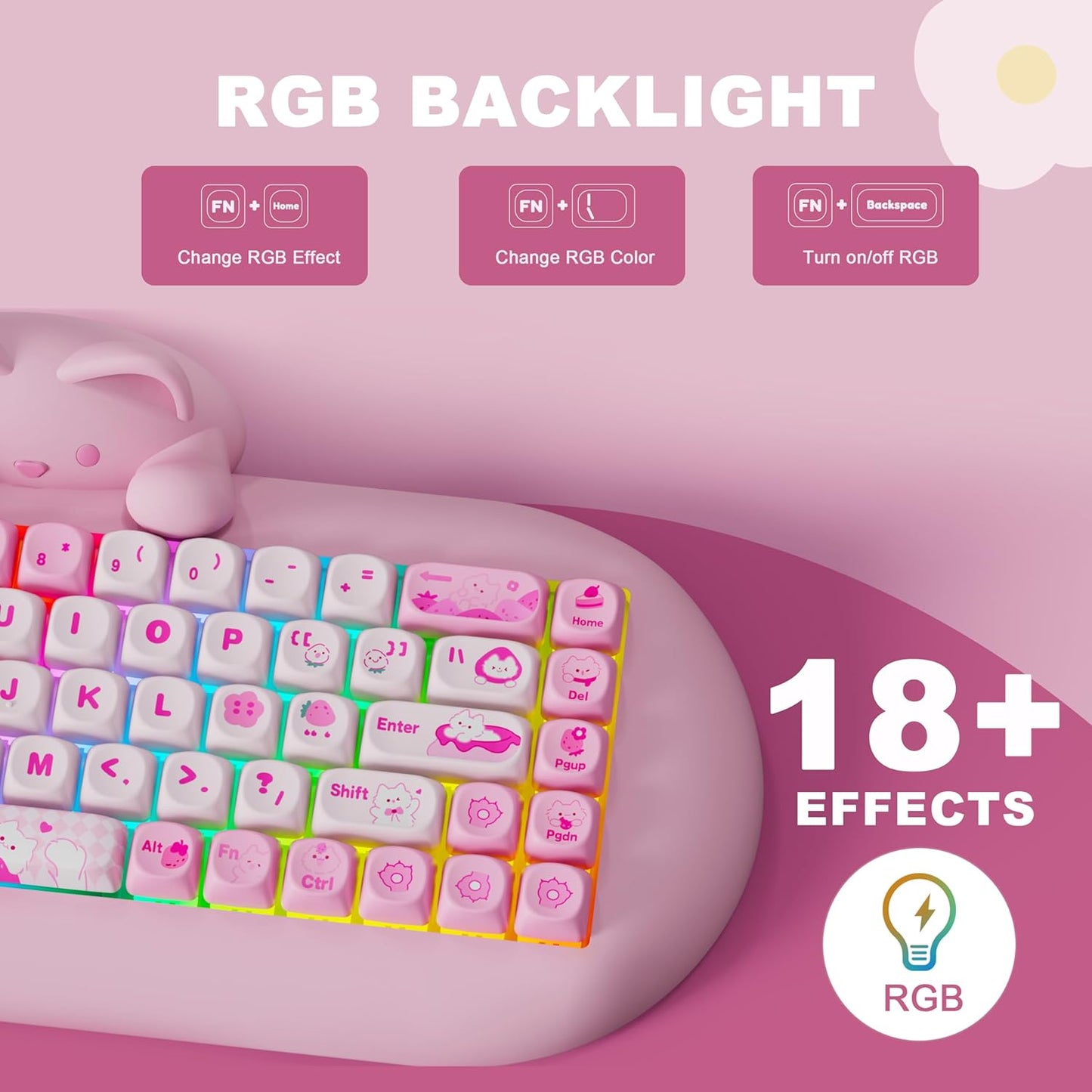 YUNZII C68 65% Wireless Mechanical Gaming Keyboard (Milk Switch,Pink), Keyboard Wrist Rest(Pink)