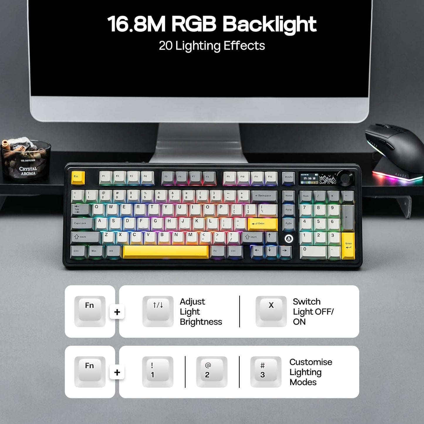 AJAZZ AK980 96% USB-C/BT5.0/2.4GHz Wireless Gaming Keyboard with 1.14’’ TFT Screen, Hot Swappable Creamy Mechanical Keyboard with FR4 Plate, Knob, RGB for Win/Mac (White, Gift V2 Switch)