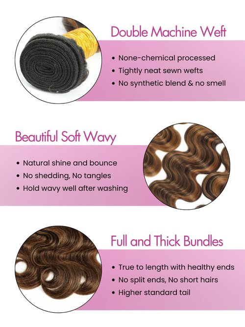 Anmetan Honey Blonde Highlight Bundles Human Hair Body Wave, 12A Thick F1B/30 Highlight Black and Brown Colored Quick Weave 100% Brazilian 12A Unprocessed Remy Hair Double Weft 3 Bundles 10/12/14 Inch