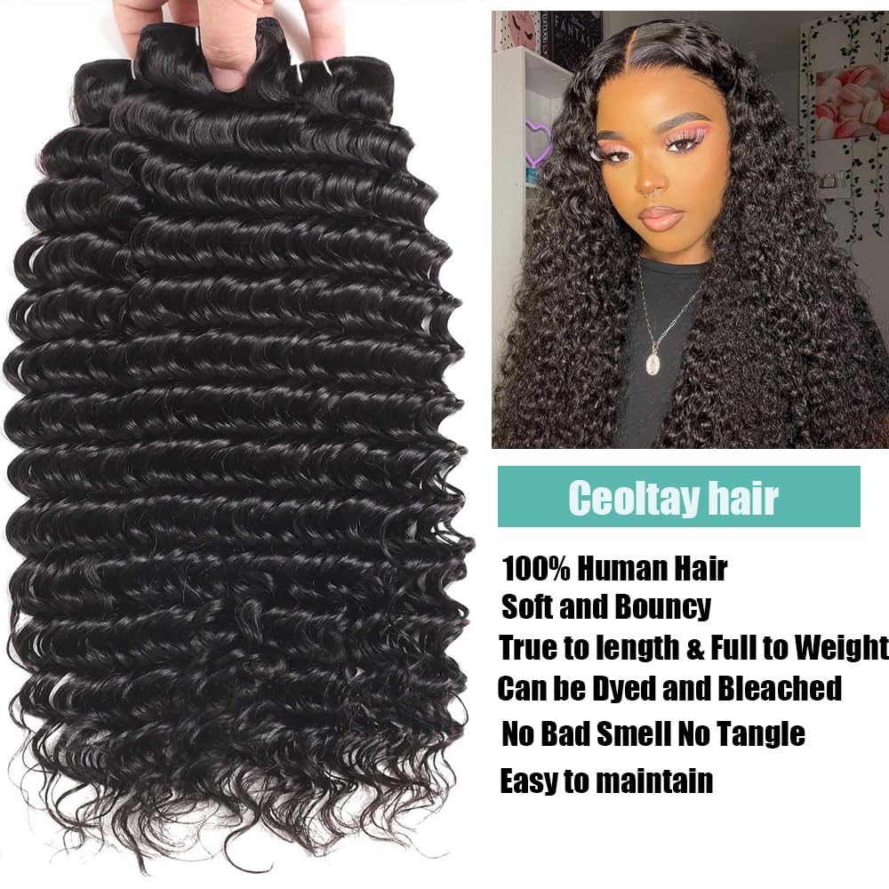12A Virgin Deep Wave Human Hair Bundles 18 20 22 Inch Curly Bundles Human Hair 100% Unprocessed 3 Bundle Brazilian Human Hair Extensions Quick Weave Natural Black Color