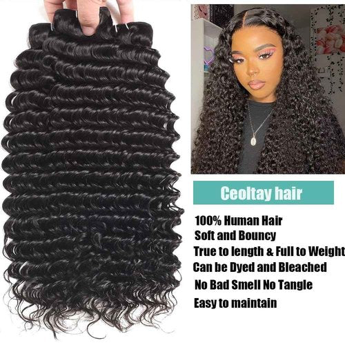 12A Virgin Deep Wave Human Hair Bundles 18 20 22 Inch Curly Bundles Human Hair 100% Unprocessed 3 Bundle Brazilian Human Hair Extensions Quick Weave Natural Black Color