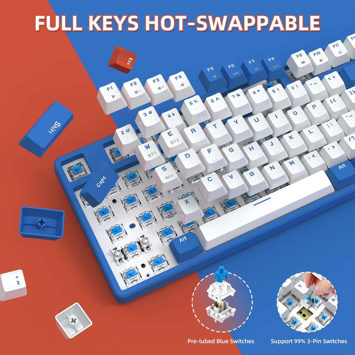 A.JAZZ Wireless Mechanical Keyboard, 87 Keys TKL Hot Swappable Bluetooth Gaming Keyboard, Dual Mode BT5.0/2.4G with Detachable Frame, USB Hub OEM Keycaps Custom Keyboard for Windows Mac (Blue Switch)