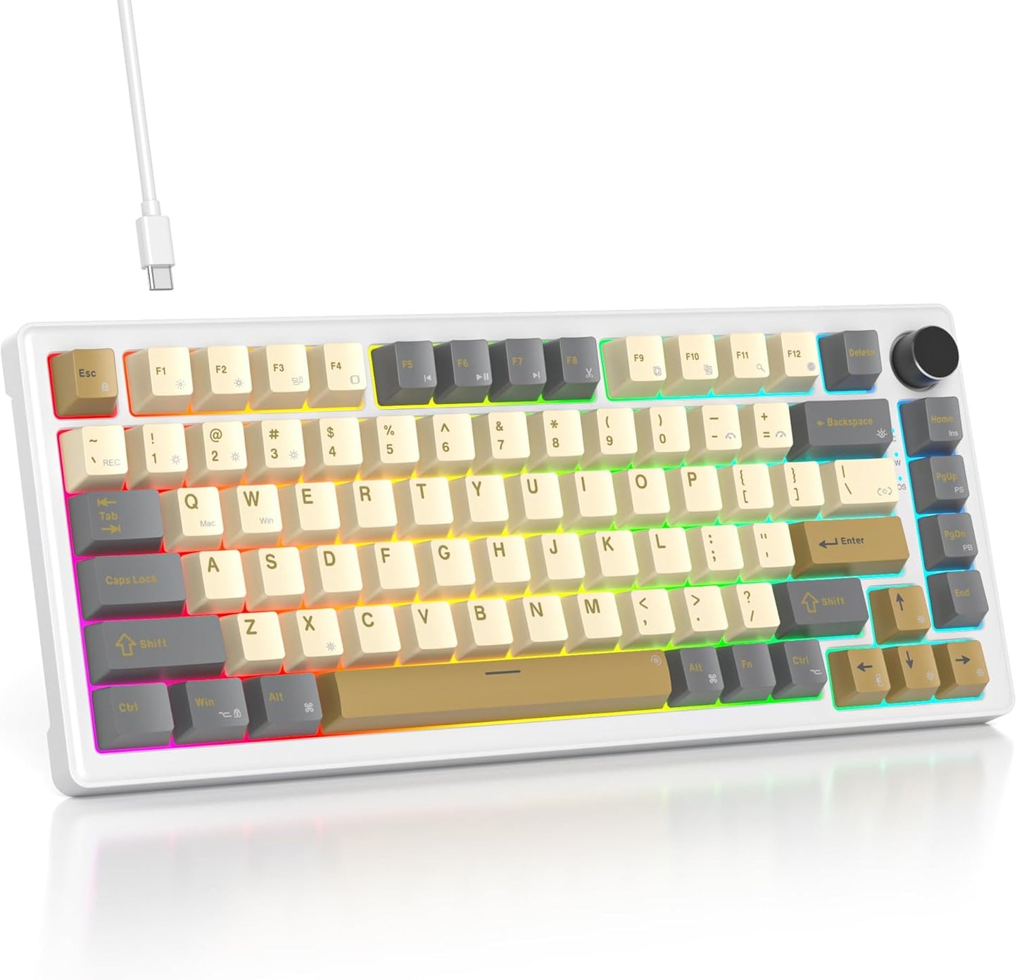 75% Mechanical Keyboard Gasket with Knob, Custom Wired Creamy Gaming Keyboard TKL 75 Percent Hot Swappable RGB Backlit, Pre-lubed Switch for Win/MAC PC Laptop(Salmon/White)