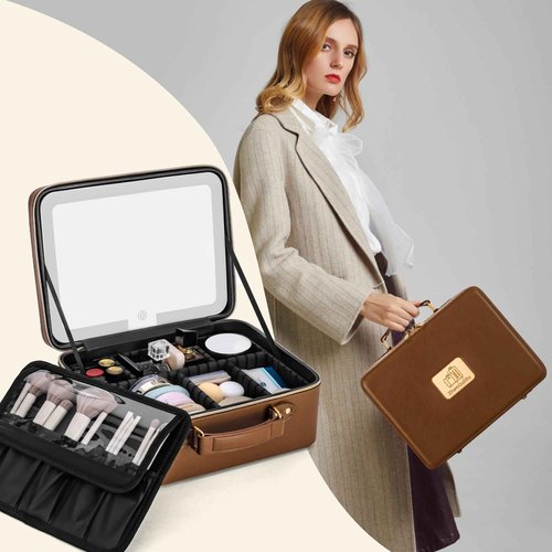 Gdsshuhung Makeup Bag with LED Mirror & Magnifier, Large Cosmetic Organizer Travel Makeup Case with Adjustable Brightness & 6 Detachable Dividers, Portable Makeup Storage for Women Girls (Brown)