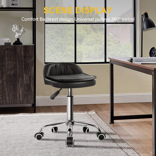 WKWKER Rolling Stool Swivel with Wheels Height Adjustable Stool with Low Back Rolling Chair for Office Kitchen Desk Home Salon Shop Lab Counter (Black)