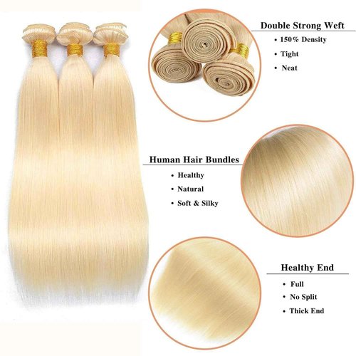 GLSMOSNW Blonde Bundles 613 Straight Human Hair Bundles 24 26 28 Inch Unprocessed Brazilian Virgin Hair Extensions
