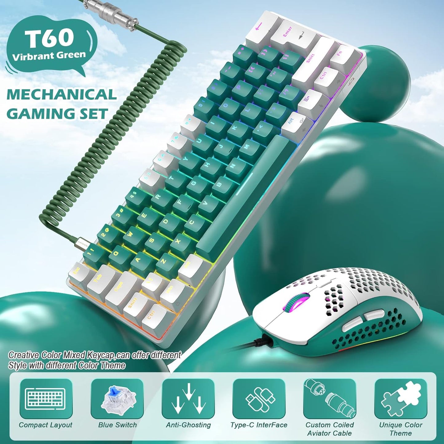 ZIYOU LANG RK-T60 Wired Mechanical Gaming Keyboard Mini Portable with Rainbow Backlit 62Key ABS Keycaps Full Anti-Ghosting Ergonomic Design Coiled Aviator Cable for PS4/PC/WIN Gamer(Blue/Red Switch)