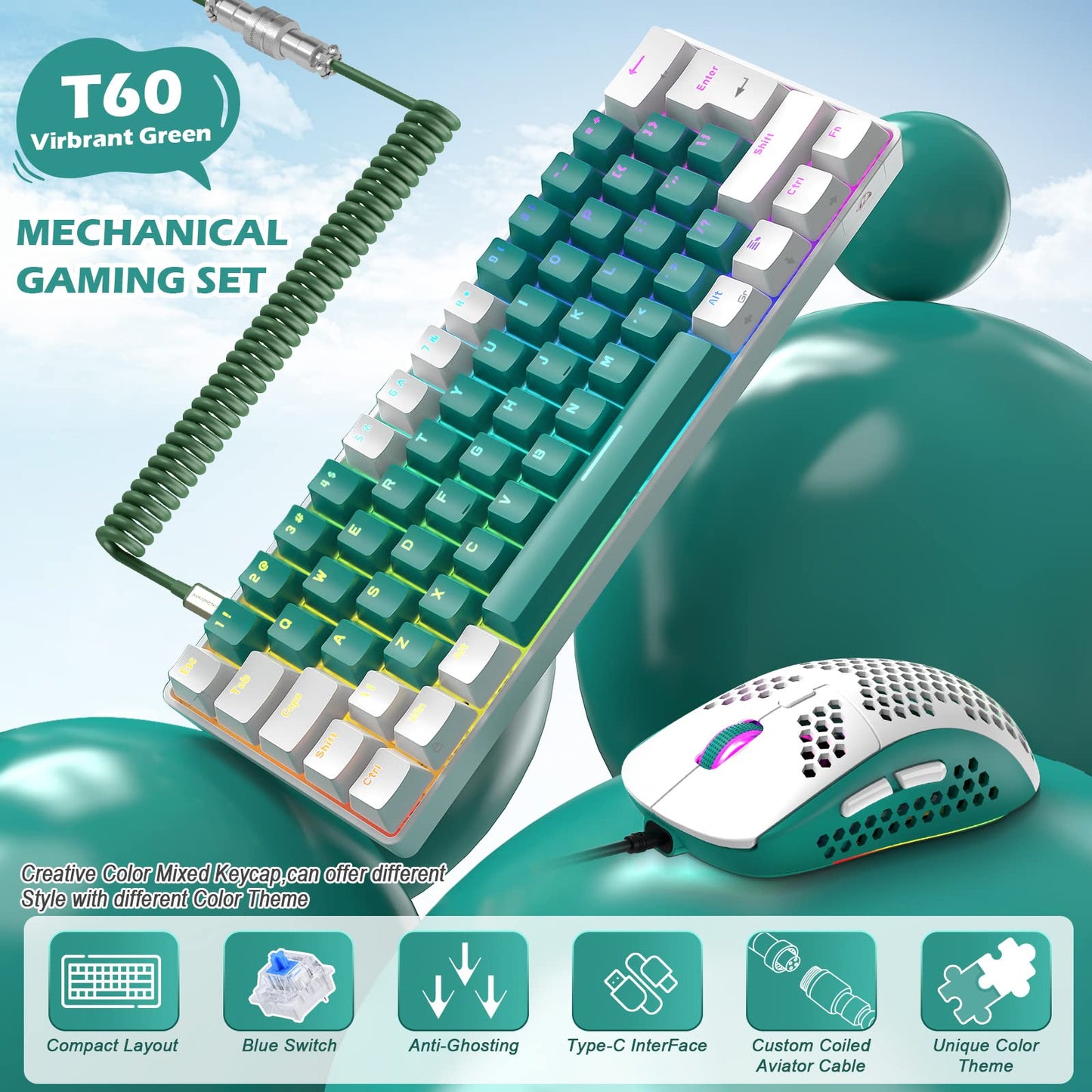 ZIYOU LANG RK-T60 Wired Mechanical Gaming Keyboard and Mouse Combo Mini Portable with Rainbow Backlit 62Key NKRO 6400DPI RGB Honeycomb Mice Coiled Aviator Cable for PS4/PC/WIN Gamer(Green/Blue Switch)