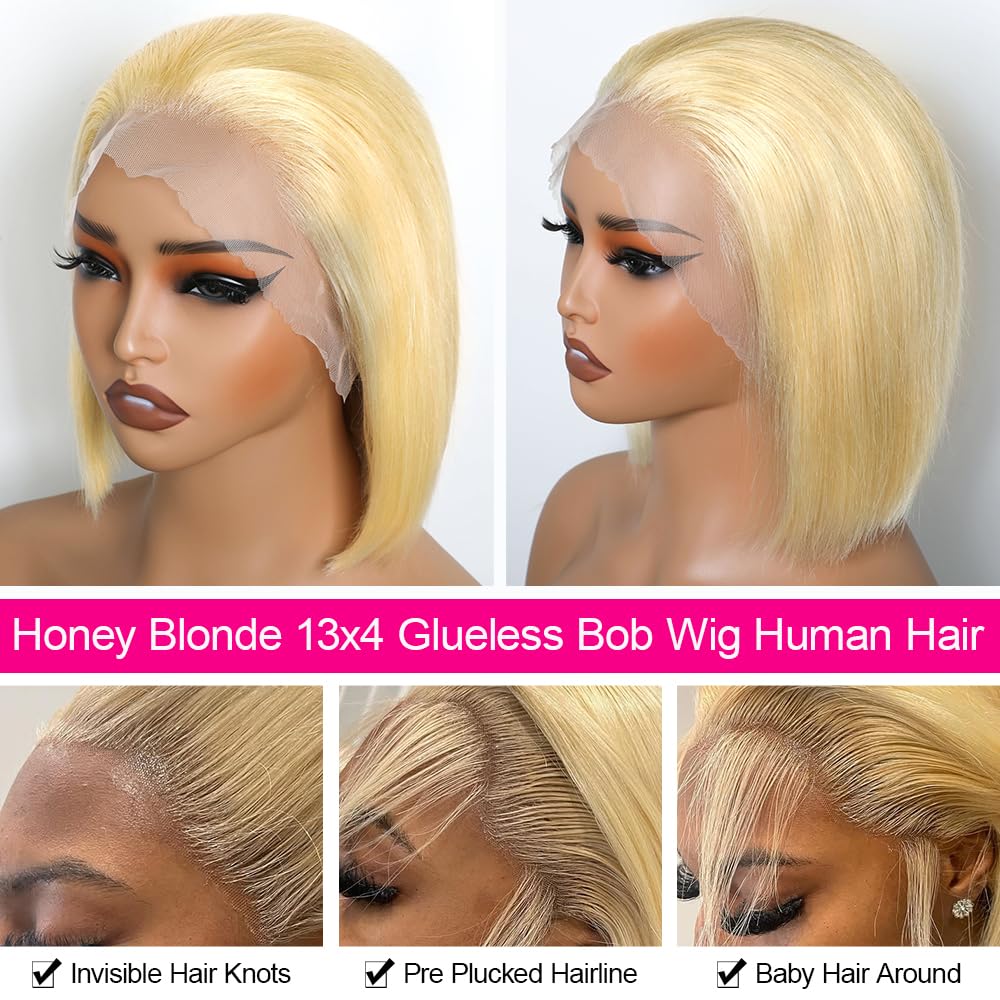 Honey Blonde Bob Wig Human Hair 13x4 HD Lace Frontal Glueless Wigs Human Hair for Black Women 180 Density Pre Plucked 100% Brazilian Virgin Blonde Wigs Human Hair - 14 Inch Skinlike 613 Bob Wig