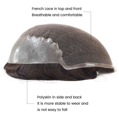 Tresshairca Human Hair Toupee for Men, Natural and Comfortable, French Lace and Polyskin Base, Real Human Hair, 6"x8"