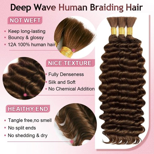 FONFUNY Human Braiding Hair for Boho Braids 120g Deep Wave Boho Bulk Human Hair for Braiding Knotless 12A Curly Wet and Wavy Bohemian Braids No Weft 3 Bundles/Pack Chocolate Brown 24 Inch