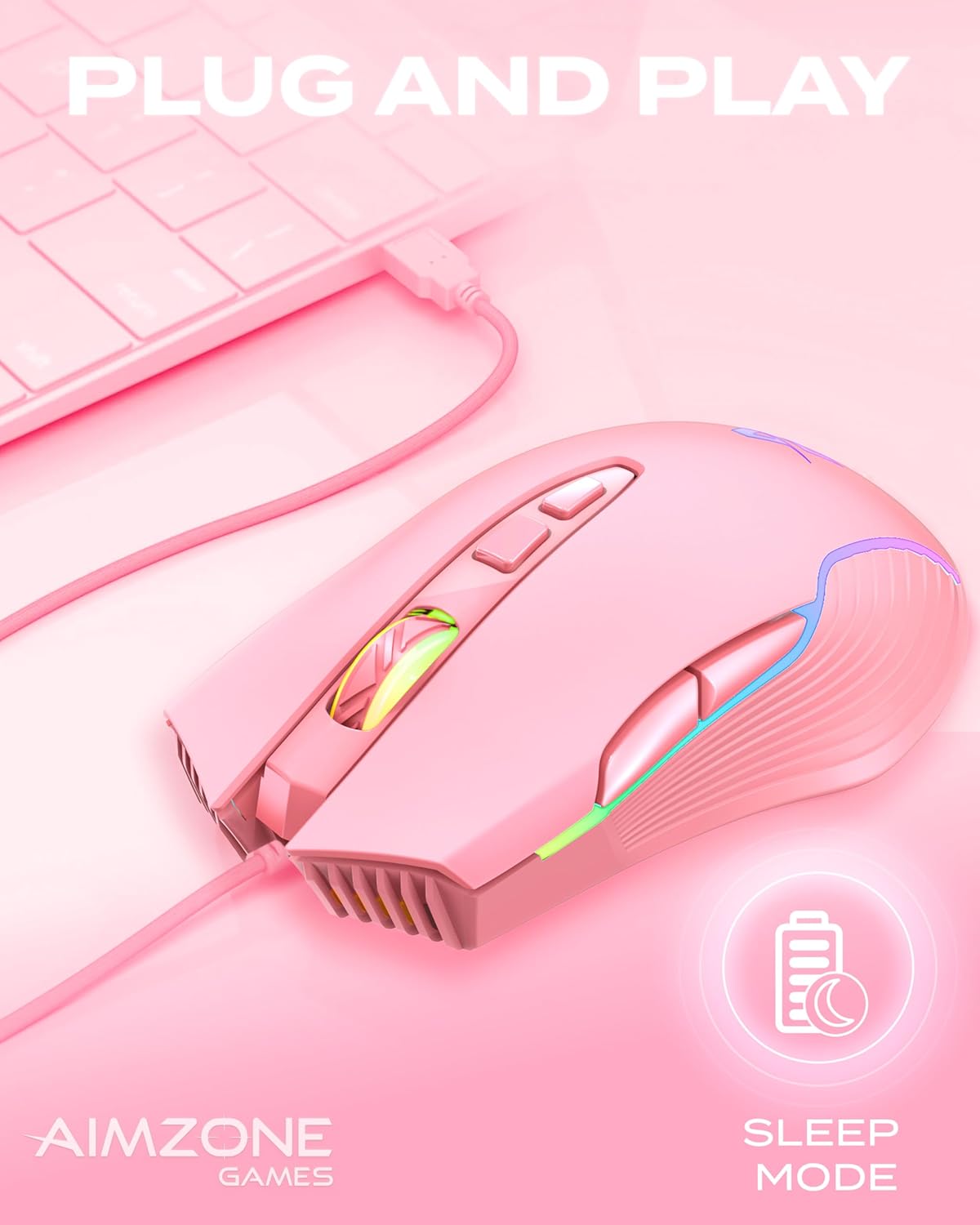Aimzone Pink Gaming Mouse with RGB, USB Wireless Mouse for Gaming with Adjustable DPI, Multiple LED Lightning Effects, Rechargeable Wireless Mouse, Full Compatible with Mac & Windows (Pink)