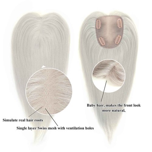 Uaismewow Hair Toppers for Women Real Human Hair 14inch Silver Grey Hair Toppers for Women with Thinning Silver Grey 4 Clips in Hair Pieces Breathable Silk Base with Babyhair for Summer