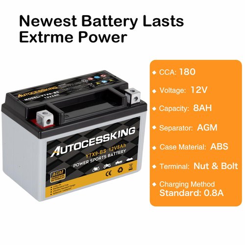 YTX9-BS 12V 8Ah Motorcycle Battery, Rechargeable Sealed AGM Battery Maintenance Free Powersport Replacement Battery for ATV and Scooter