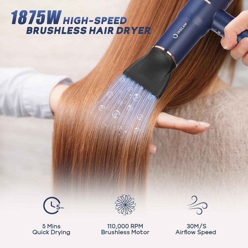 Diffuser Hair Dryer, IG INGLAM Professional Blow Dryer 110,000 RPM High Speed Brushless Motor Negative Ion Low Noise,3 Heat Settings & 3 Speed & Cold Settings, Compact Salon Ionic Hair Dryer