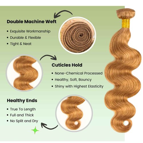 ALHER Color #27 Honey Blonde Single Bundle Body Wave 22 Inch, Blonde Bundles Human Hair Sew In Weave Wavy Bundles for Black Women, 12A 100% Unprocessed Brazilian Virgin Remy Hair Soft Thick