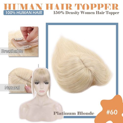 Hairro Real Hair Toppers With Bangs For Women Remy Clip In Topper Hairpiece Toupee For Thinning Hair 14 Inch 44g #60 Platinum Blonde