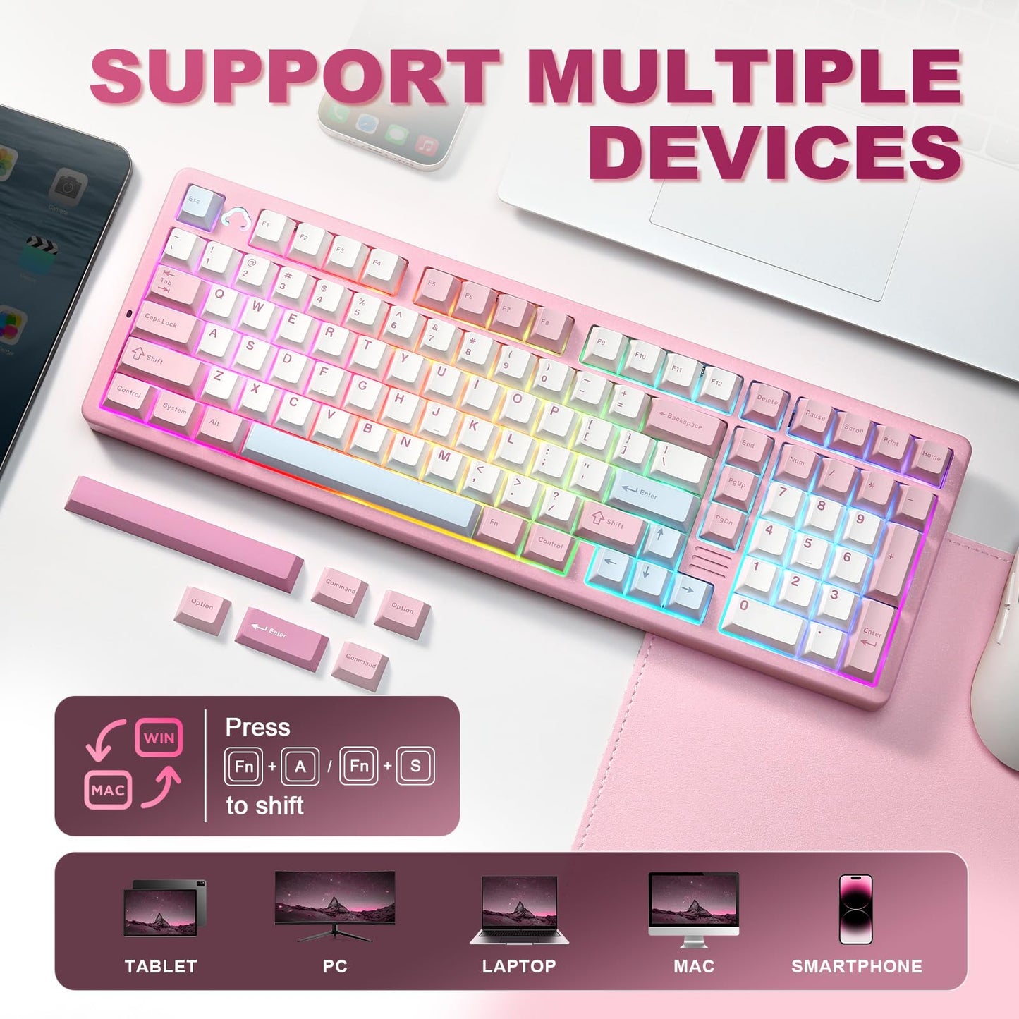 YUNZII AL98 QMK/VIA Wireless Mechanical Gaming Keyboard,Full Aluminum,BT/2.4G/USB-C, Pre-Lubed Hot Swappable Gasket Mount 1800 Layout,RGB Backlit for Win/Mac (Pink, Milk Switch)