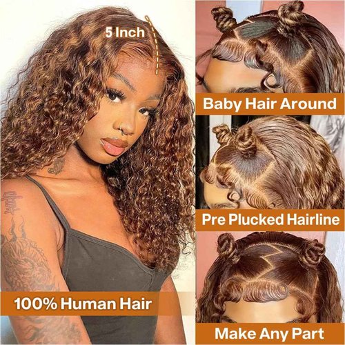 YOOLOOT Wear and Go 5x5 Glueless Lace Closure Wig Highlight Deep Wave Human Hair for Women 180% Density P4/27 Ombre Honey Blonde Wig Pre Plucked with Baby Hair 26 Inch