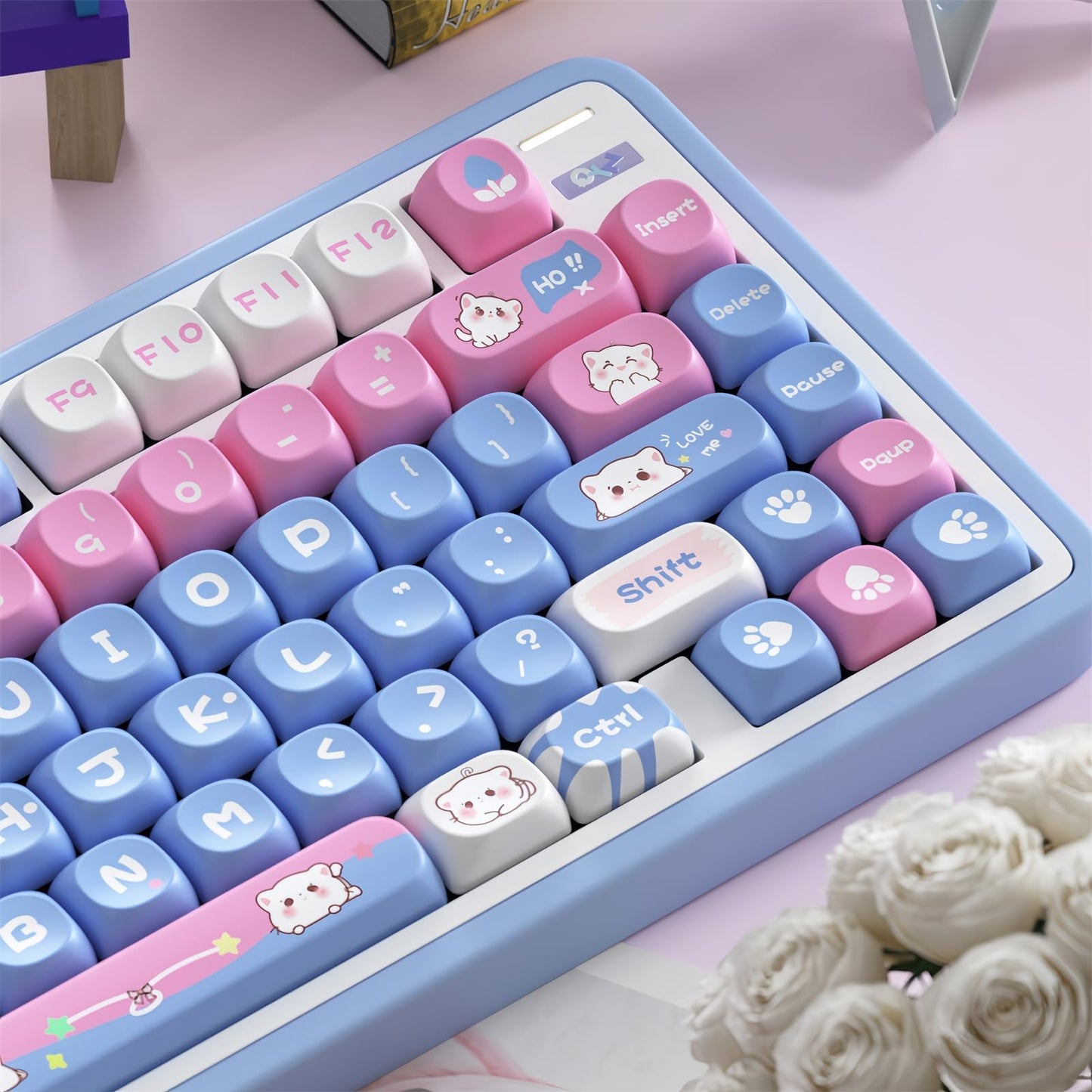 ZMX Cute Cat Keycaps,Kawaii PBT Dye-Sub Custom Keycaps SOA Profile 136 Keys Full Size Keycap Set for 60% 65% TKL Cherry MX Switch ANSI Layout Mechanical Gaming Keyboard Creamy Keycaps (02)