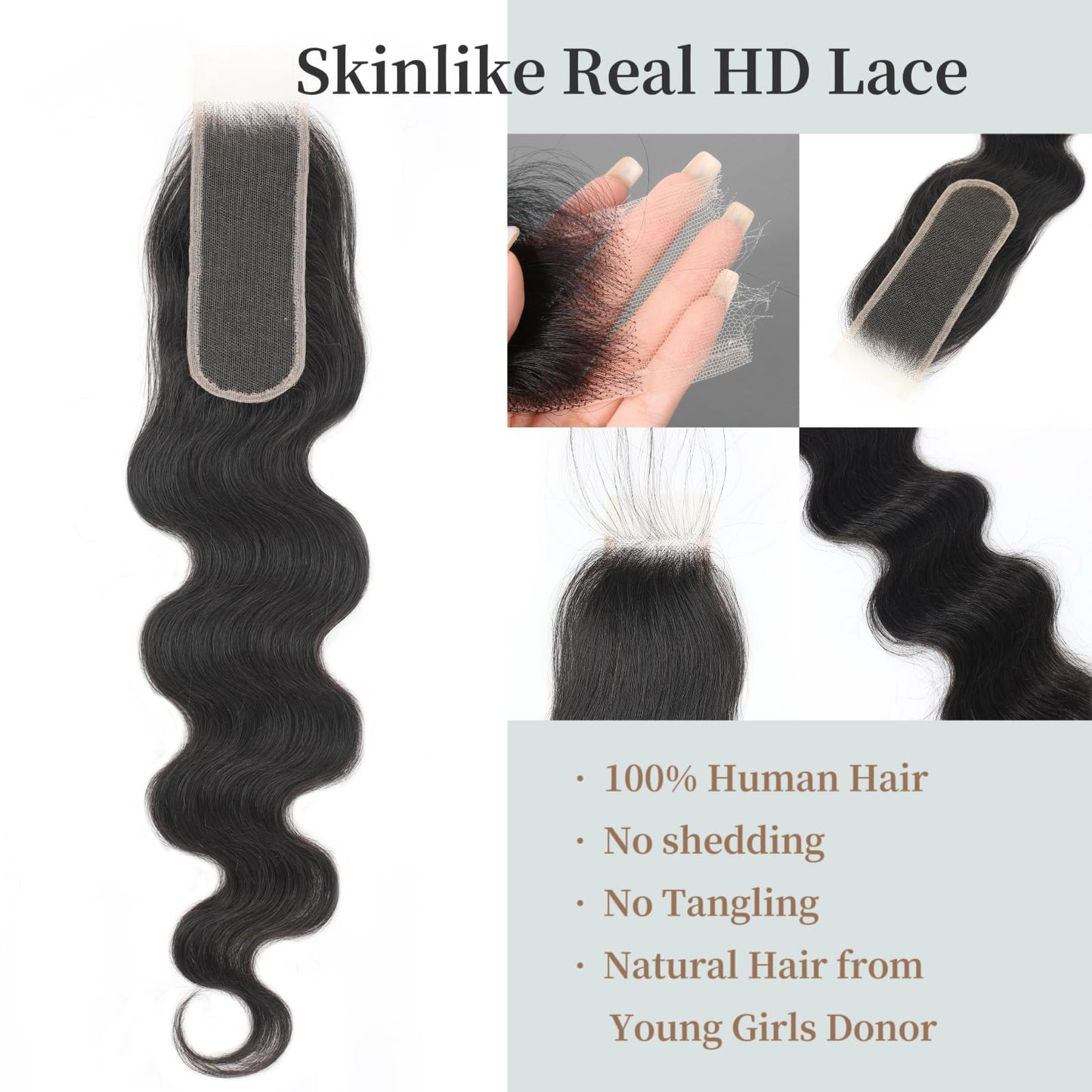 2x6 SKINLIKE Real HD Lace Closure body wave Human Hair 0.095mm Ultra-thin Invisible Lace Closure Brazilian Virgin Human Hair Closure pre plucked with Natural Hairline 20inch