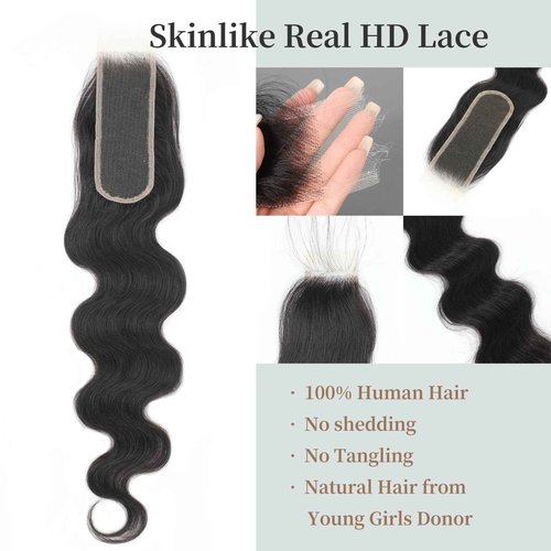2x6 SKINLIKE Real HD Lace Closure body wave Human Hair 0.095mm Ultra-thin Invisible Lace Closure Brazilian Virgin Human Hair Closure pre plucked with Natural Hairline 20inch