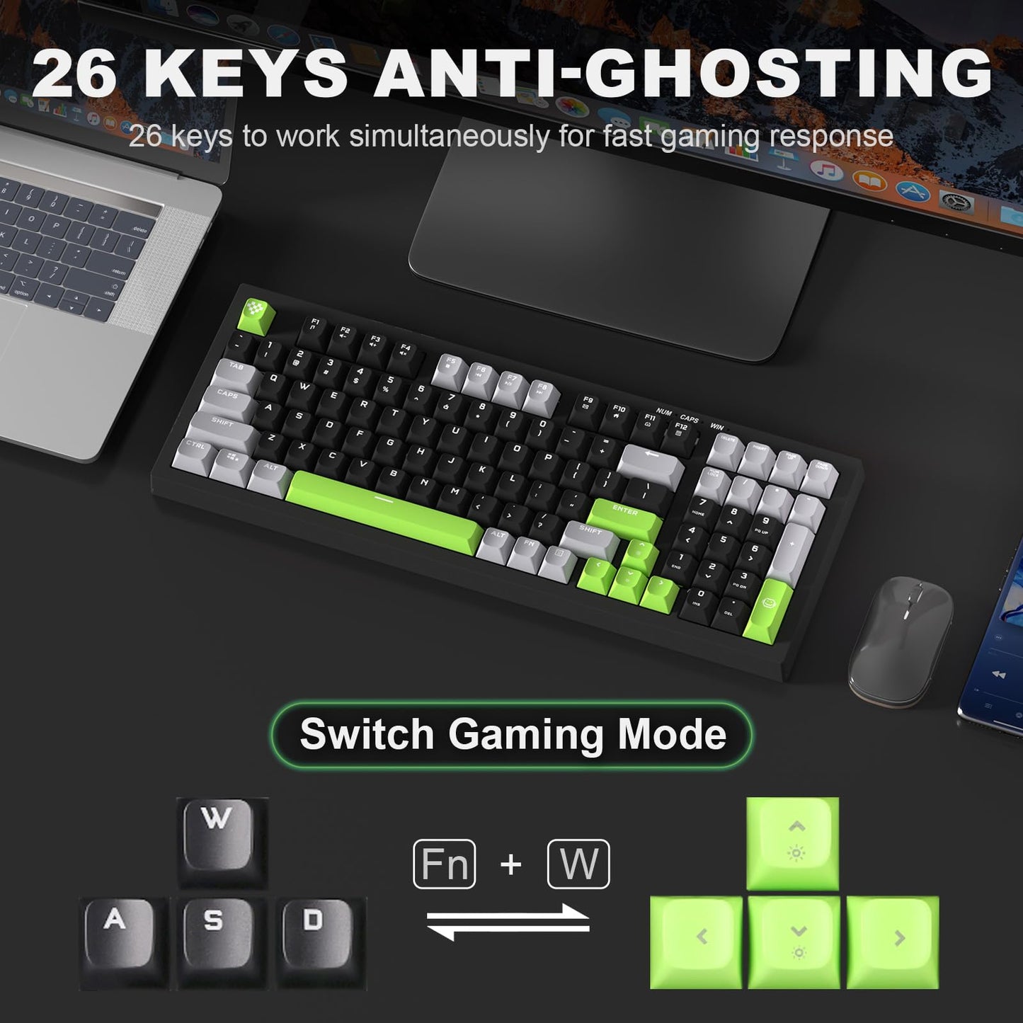 YUNZII D98 Membrane Gaming Keyboard,RGB Backlit,Full Numpad,Spill Resistance,Anti-ghosting,USB Wired,98 Keys for PC Gaming Office(Black&Green)