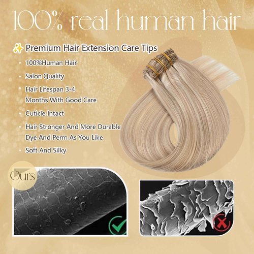 Blonde Hair Extensions Real Human Hair 20 Inches 100g Golden Blonde Highlights Human Hair Extensions Clip Ins Straight Soft #16/22 7pcs