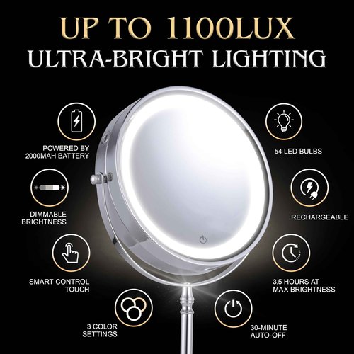 Ultra Zoom 20X Magnifying Lighted Table Mirror for Makeup - 20X & 1X Dual Sided LED Make-up Mirror with 3 Light Modes, Rechargeable Battery with USB Cable - 8" Wide & 15" Tall (Chrome)