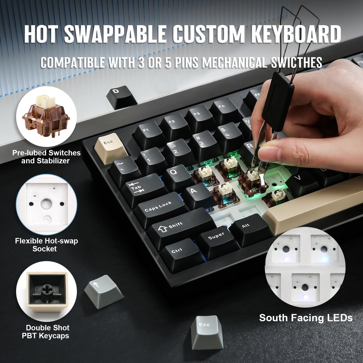 YUNZII AL75 PRO 75% Wireless Mechanical Gaming Keyboard,Full Aluminum CNC,BT/2.4G/Wired,PBT Keycaps,Gasket Mounted Hot Swap,Custom RGB Backlight, Programmable for Mac/Win (Black, Cocoa Cream V2)