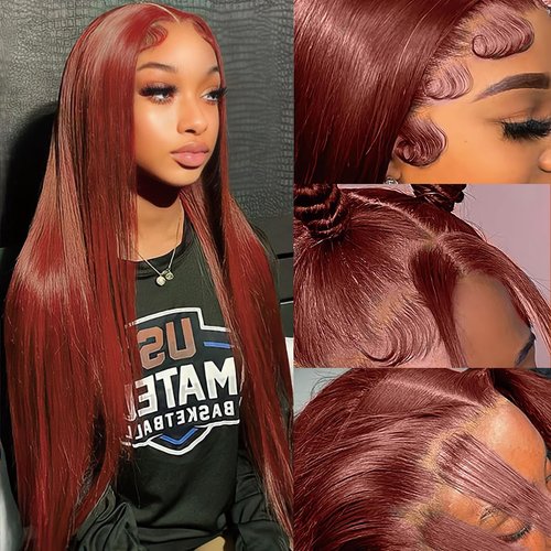 DGGDGG Reddish Brown Lace Front Wigs Human Hair Pre Plucked 200 Density Straight Lace Front Wig Human Hair 13x4 HD Lace Frontal Wig for Women
