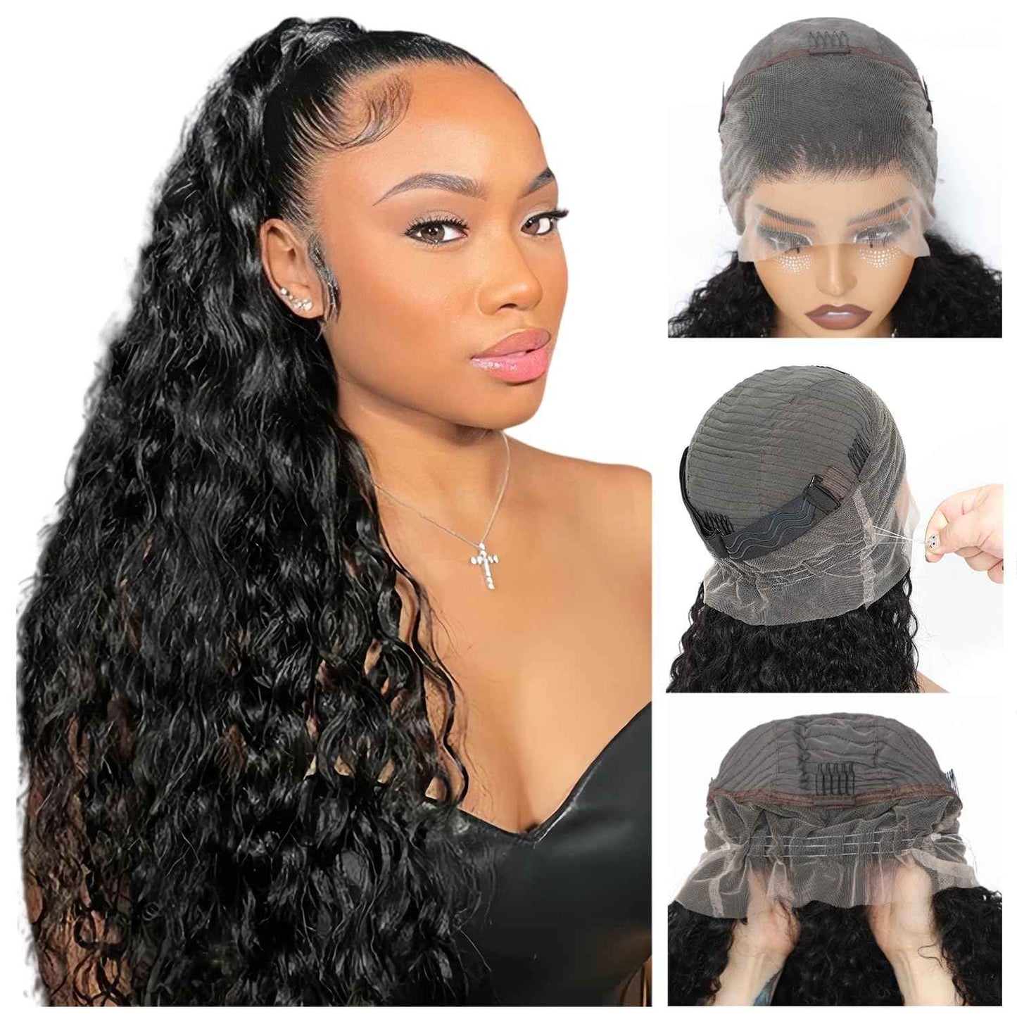 360 Lace Front Wigs Human Hair Pre Plucked With Drawstring 360 Deep Wave Glueless Full Lace Human Hair Wigs Wet And Wavy Invisible Strap Full Lace Wigs For Black Women(Black, 18 Inch)