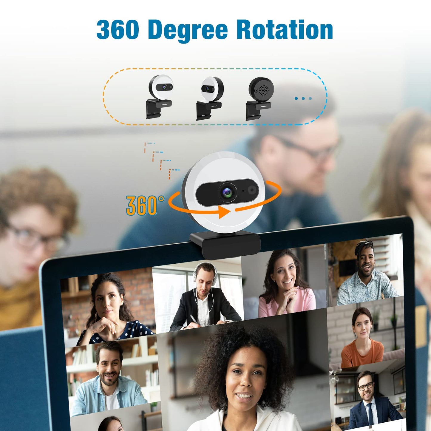 2K Webcam with Light and Tripod, Full HD PC Camera Built-in Privacy Cover, 360° Rotation, Adjustable Brightness, Plug and Play USB Computer Webcam for Meeting, Live Streaming, Video Calls, Gaming
