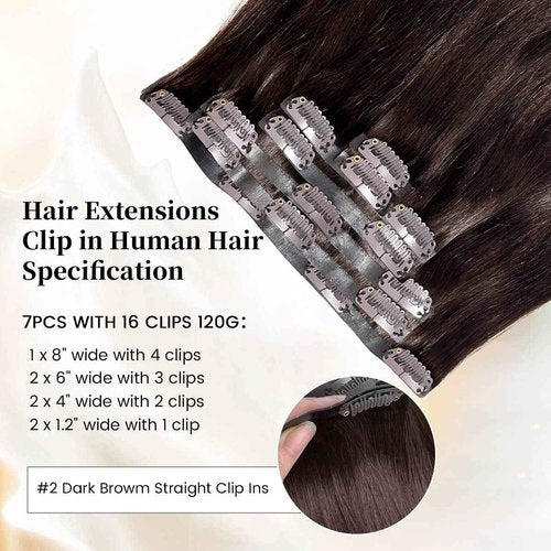 Asteria Seamless Clip In Hair Extensions Real Human Hair Straight Remy Human Hair Clip In Extensions For Women, #2 Dark Brown Soft Silk Straight Human Hair 7pcs 120g 20 Inch