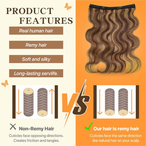 TESSHAIR Halo Hair Extensions 14 Inch, 100% Real Human Hair, No Tangle & Smooth, Invisible Wire Extensions for Women, 60g, Wavy Curly #Wavy Medium Brown Mixed Dark Blonde