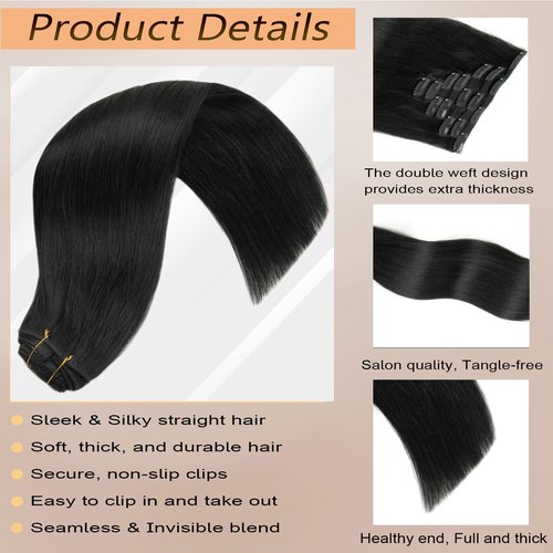 Jet Black Clip in Hair Extensions Real Human Hair Clip ins 20 Inch 7pcs 120g Human Hair Clip in Extensions Straight Hair Double Weft Human Hair Extensions For Women
