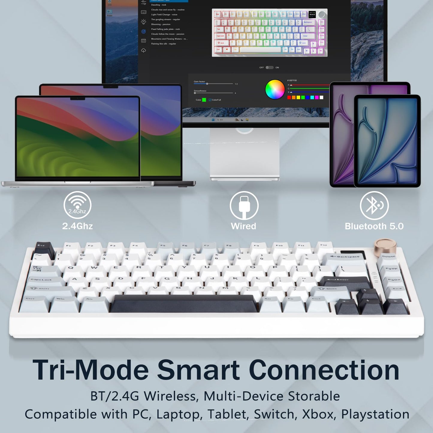 75% Wireless Mechanical Gaming Keyboard, Creamy Sound, Hot Swappable, Pre-lubed Linear Switches, Gasket Structure, Multimedia Display, RGB Backlit, 2.4GHz/USB/BT5.0, Custom Keyboard for Win/Mac