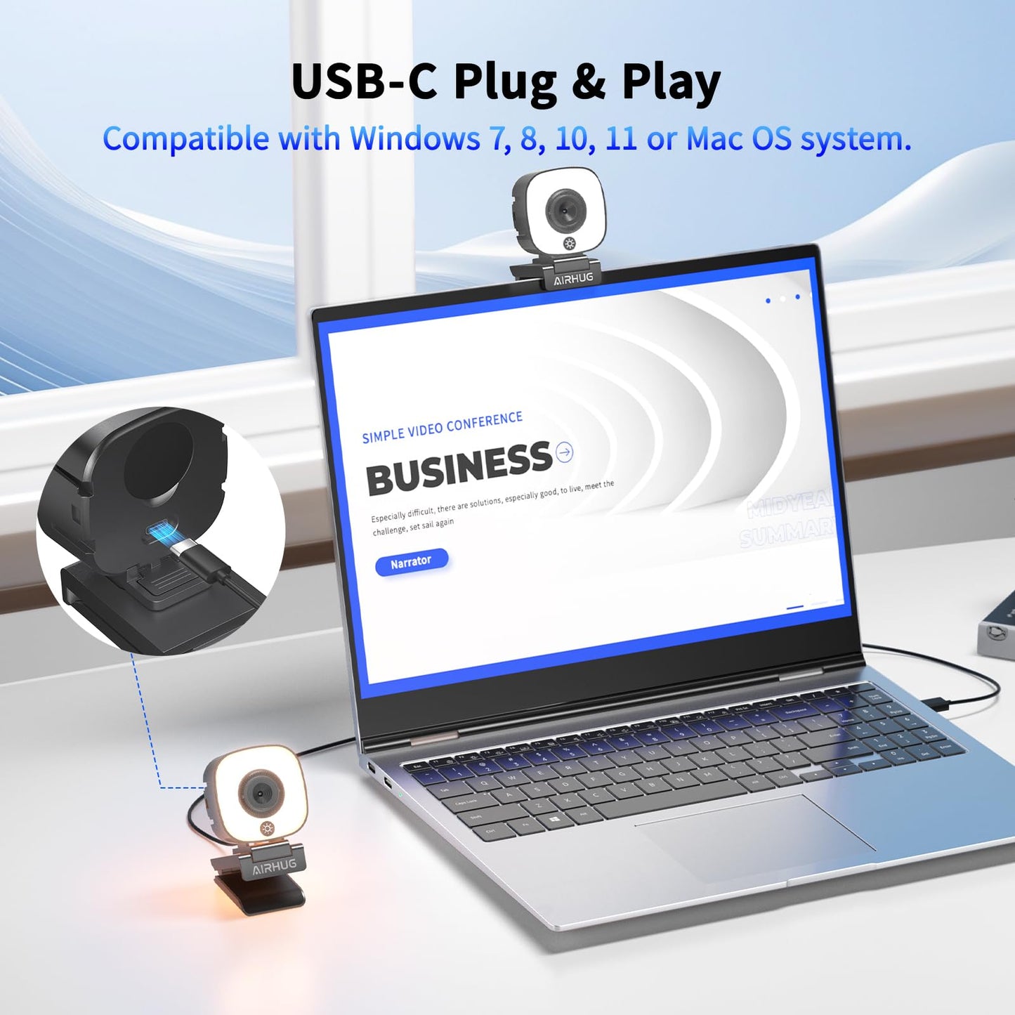 AIRHUG 4K Webcam, Webcam with Microphone, Adjustable Light Computer Camera with Privacy Cover, USB Plug and Play for Laptop Video Calling
