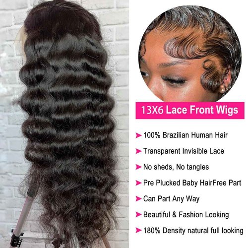 Bling Hair Deep Wave Lace Front Wigs Human Hair 13x6 HD Transparent Deep Curly Lace Frontal Wigs 180% Density Glueless Wigs Pre Plucked Curly Wigs Natural Color 24 inch