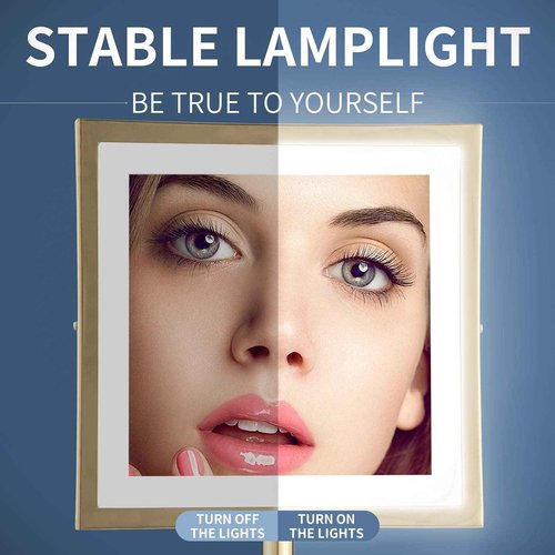 DOWRY Tabletop LED Lighted 5X Magnifying Makeup Mirror Square with Plug 8 Inch Polished Gold Finished