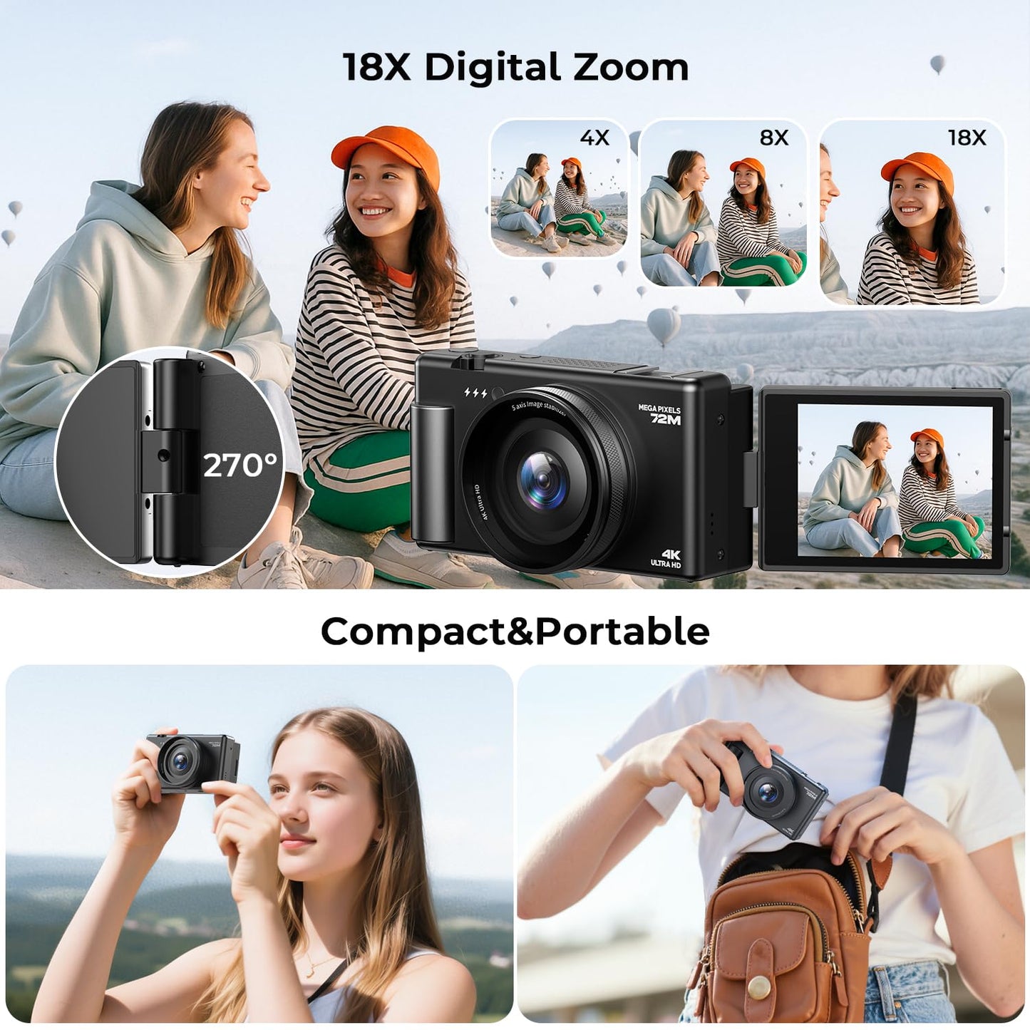 4K Digital Camera for Photography, 72MP Autofocus Vlogging Cameras for YouTube with 64GB SD Card and Battery, 18X Digital Zoom 2.8" 270° Flip Screen Compact Travel Camera for Teens