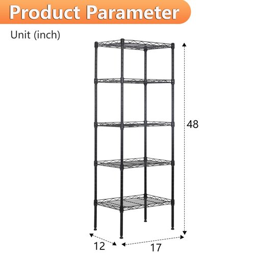 BestOffice | 5-Tier Wire Storage Shelves | 17x12x48 | Black | with Adjustable Racks | Heavy-Duty Metal Shelf, Holds Upto 750 lbs | No-Tool Assembly | Ideal for Home & Garage Shelving