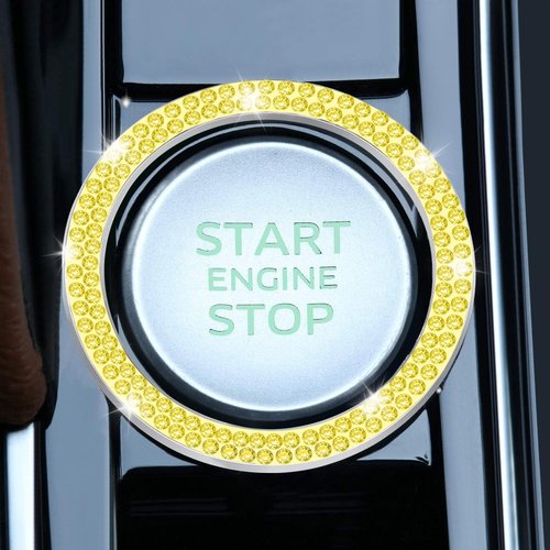 LivTee 2 PCS Crystal Double Rhinestone Car Engine Start Stop Decoration Ring, Bling Car Interior Accessories for Women, Push to Start Button Cover Sticker, Automotive Decals, Lemon Yellow