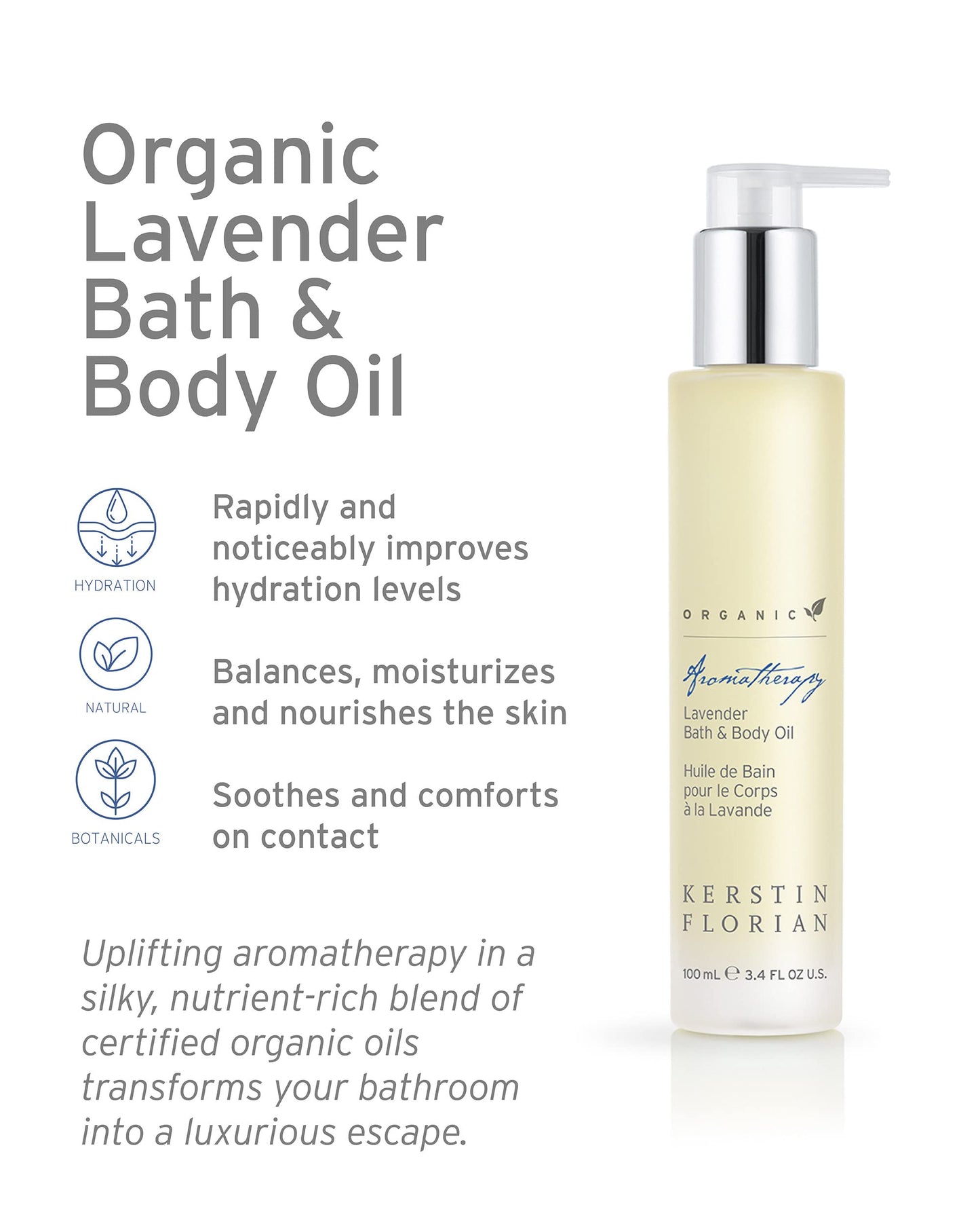 Kerstin Florian Organic Lavender Body Oil | Nutrient-Rich Moisturizer with Vitamin E, Coconut & Jojoba Oils | Natural Essential Oils for Relaxation & Massage | 3.4 fl oz